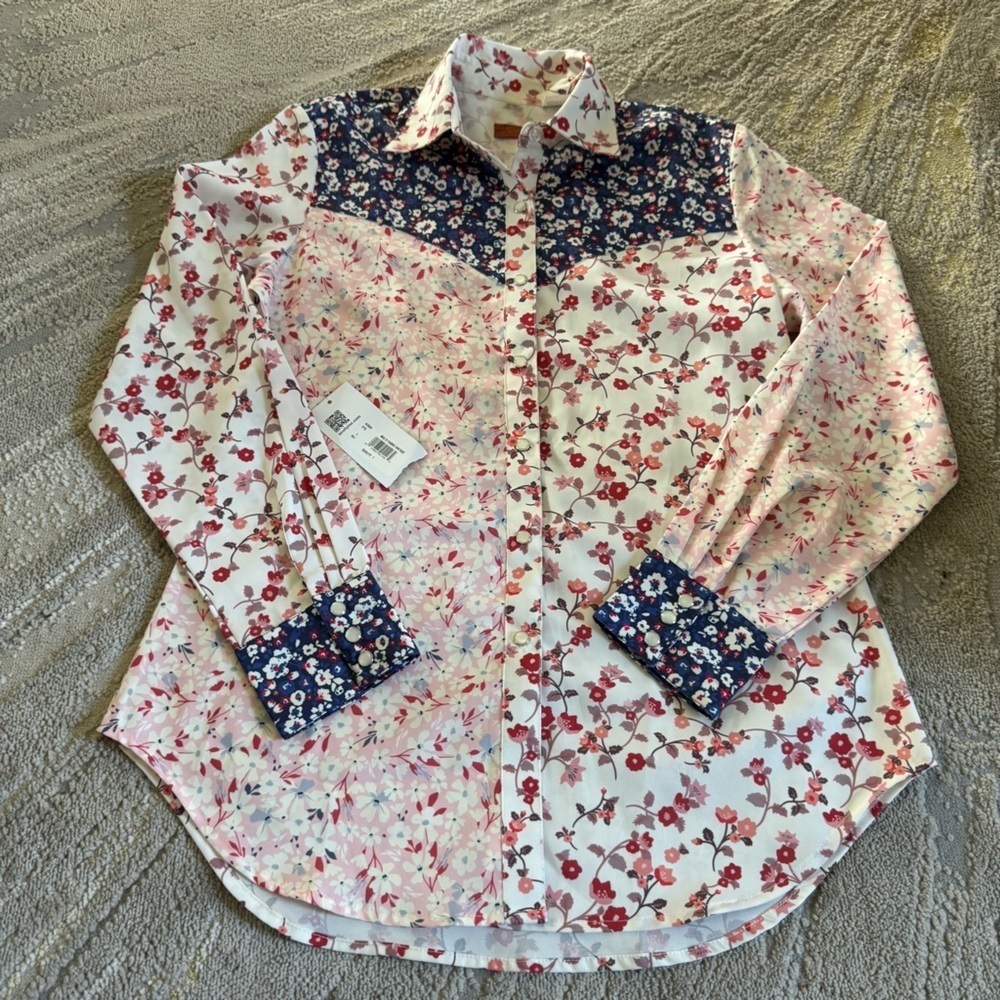 Scully floral vintage print snap button western shirt white pink red large new